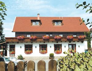 ein Haus mit Blumenkästen an der Vorderseite in der Unterkunft Pension Zum Rechen in Bodenmais