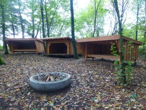 une cabine et un foyer extérieur dans les bois dans l'établissement Krogager Primitiv Camping - Krogen, à Grindsted