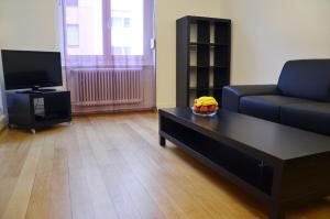 uma sala de estar com um sofá e uma mesa de centro em Rent a Home Landskronstrasse - Self Check-In em Basileia