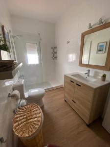 a bathroom with a toilet and a sink and a mirror at Apartamento Plaza Grande in Zafra