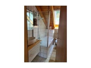 y baño con ducha, lavabo y bañera. en Ferienwohnung Frank 50 qm, en Bad Emstal