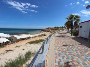 una acera junto a una playa con palmeras y el océano en COSTA ELISA20 MIL PALMERAS en La Horadada