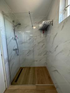 uma casa de banho com um chuveiro e uma porta de vidro em Morosini Apartments em Biograd na Moru