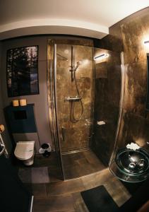 uma casa de banho com um chuveiro e um WC. em Ride More Activity Center em Miercurea-Ciuc