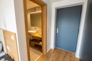 a bathroom with a blue door and a sink at Penzion Šterk in Most na Soči