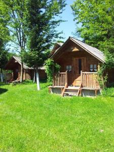 a log cabin in a field of green grass at Cabana Victor in Sighetu Marmaţiei