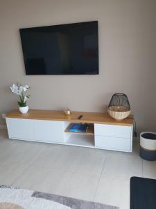sala de estar con TV en una pared blanca en Appartement standing vue étang de Thau, en Marseillan