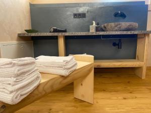 a bathroom with a sink and towels on a shelf at "Allgäu-Herzl" Alpenchalet für Zwei in Rückholz
