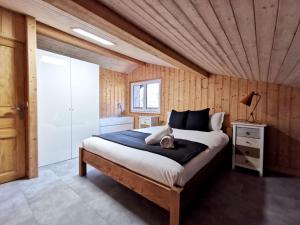 ein Schlafzimmer mit einem Bett, auf dem eine Katze liegt in der Unterkunft Apt Nala - Sunny Renovated Duplex - 2bed apt - Views - Hikes in Les Houches