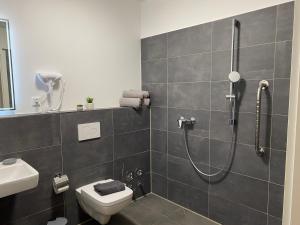 ein Bad mit einer Dusche und einem WC in der Unterkunft Wood II Appartement in Bad Salzuflen