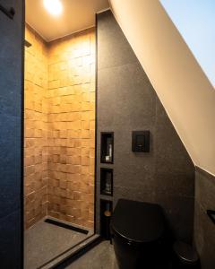 uma casa de banho com chuveiro e WC em Luxury Aframe em Rasnov