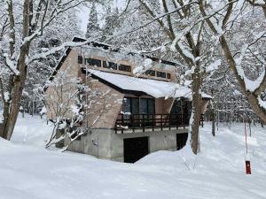 信濃的住宿－Labo Land Kurohime "rental cottage cottage" - Vacation STAY 62616v，树林里积雪覆盖的房子