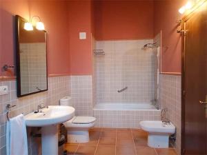 a bathroom with a sink and a toilet and a shower at Apartamentos Jaca Mirador de Badaguas 3000 in Badaguás