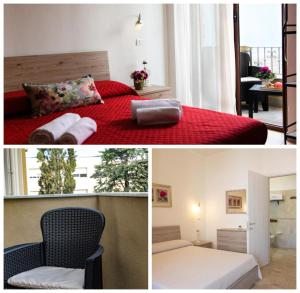 2 immagini di una camera da letto con letto e sedia di B&B I Gerani ad Alghero