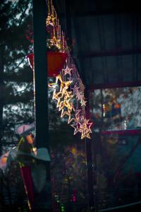 a bunch of christmas lights hanging from a pole at Asher Woods in Kasol