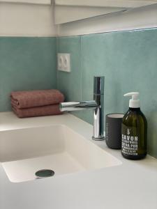 um lavatório de casa de banho com uma garrafa de sabão e um dispensador de sabão em Fiore di Machja - Moncale 
