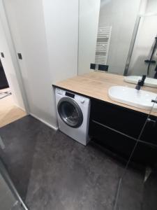 uma máquina de lavar roupa na casa de banho com um lavatório em Chez David - T2 neuf dans centre historique em Brioude