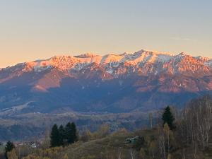 a view of a mountain range with snow covered mountains at The Mountain View - no children in Peştera