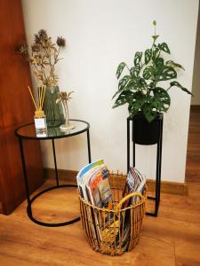 a basket of magazines and two tables with plants at Atlas Apartment in the historical center of Košice with free private parking in Košice