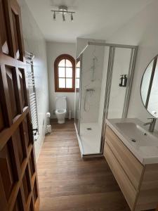 a bathroom with a shower and a sink and a toilet at LA CASA DEL JAIME in Mora de Rubielos +14 photos