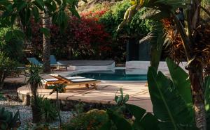 a swimming pool with a bench and a table and plants at Villa calypso Pantelleria in Pantelleria