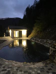 einen Pool mit Wasser vor einem Haus in der Nacht in der Unterkunft Котедж in Mischhirja