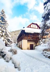 ein schneebedecktes Gebäude neben einigen Bäumen in der Unterkunft Drevenica Inga in Staré Hory