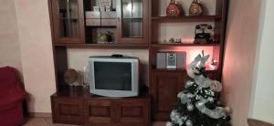 a living room with a tv and a christmas tree at Casatorre Castagnedola in Zocchetta