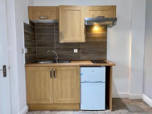 eine kleine Küche mit Spüle und Kühlschrank in der Unterkunft Sapphire Suites in Reading