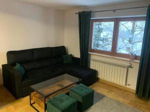 ein Wohnzimmer mit einem schwarzen Sofa und einem Fenster in der Unterkunft Pokoje u Tosi i Czesia in Gliczarów Górny