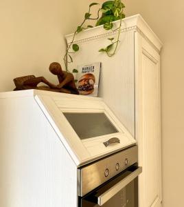 a microwave oven sitting on top of a refrigerator at LA TORRE SARACENA - HOLIDAY HOUSE with services in Palmi