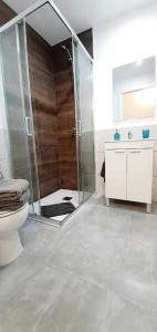 y baño con ducha, aseo y lavamanos. en Hostal Urban Basic, en Hospitalet de Llobregat