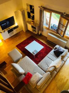 sala de estar con sofá y alfombra roja en Chalet Sepp, en Belalp