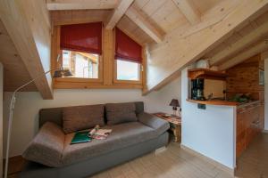 een woonkamer met een bank en een keuken bij Volga Loira Senna - Happy Rentals in Livigno