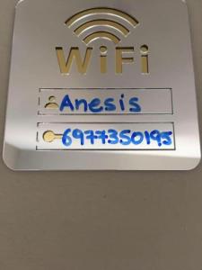 een bord met de tekst wir ansirisirisirisiris bij Anesis Airport rooms 102 in Koropíon