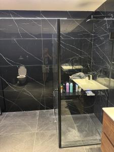 a bathroom with a shower and a sink at האצ״ל 1 in Ashdod