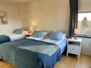 ein Schlafzimmer mit zwei Betten und einem Fenster in der Unterkunft Bakki in Jarðlangsstaðir