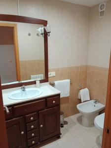 a bathroom with a sink and a toilet and a mirror at La casita de Miguel, con garaje y piscina in Zamora