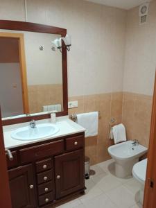 Un baño con lavabo, inodoro y espejo. en La casita de Miguel, con garaje y piscina, en Zamora