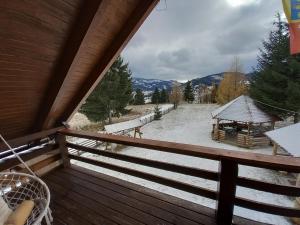 - une vue depuis le balcon d'une cabine enneigée au sol dans l'établissement Cabana Dani, à Vatra Dornei