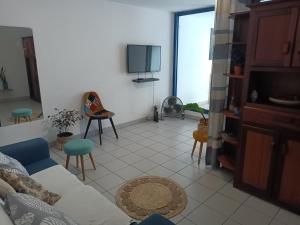 een woonkamer met een bank en een tv bij blue and yellow, appartement au calme, avec piscine, WIFI in Saint-Denis