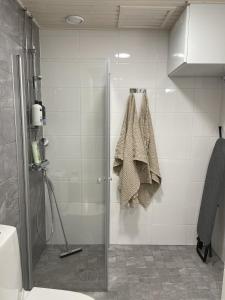 um chuveiro com uma porta de vidro na casa de banho em Viihtyisä yksiö Santalahdessa em Tampere