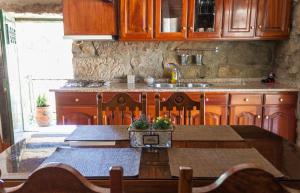 a kitchen with wooden cabinets and a table and a sink at Casa Moinho da Mouta in Parada de Pinhão