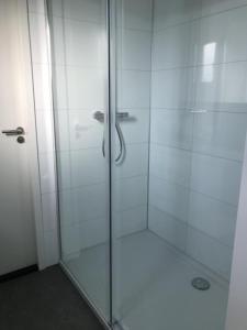 een douche met een glazen deur in de badkamer bij Chalet Sonnenplätzchen Zweite Reihe Haus Nr 229 in Enkhuizen