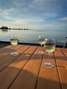 drie wijnglazen zittend op een houten tafel bij het water bij Chalet Sonnenplätzchen Zweite Reihe Haus Nr 229 in Enkhuizen