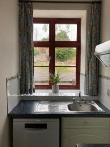 cocina con fregadero y ventana en Peaceful Open-Plan Cottage With A View, en Wellington