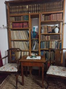 una estantería llena de libros con una mesa y dos sillas en LA Amadeus & Monica en Miniş