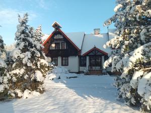 a house in the snow with snow covered trees at Pensjonat Wiking in Stare Jabłonki