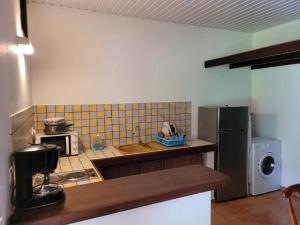 a kitchen with a sink and a microwave and a refrigerator at Domaine de la Matourienne in Matoury