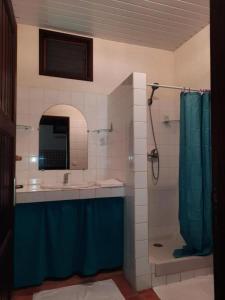 a bathroom with a shower and a blue shower curtain at Domaine de la Matourienne in Matoury